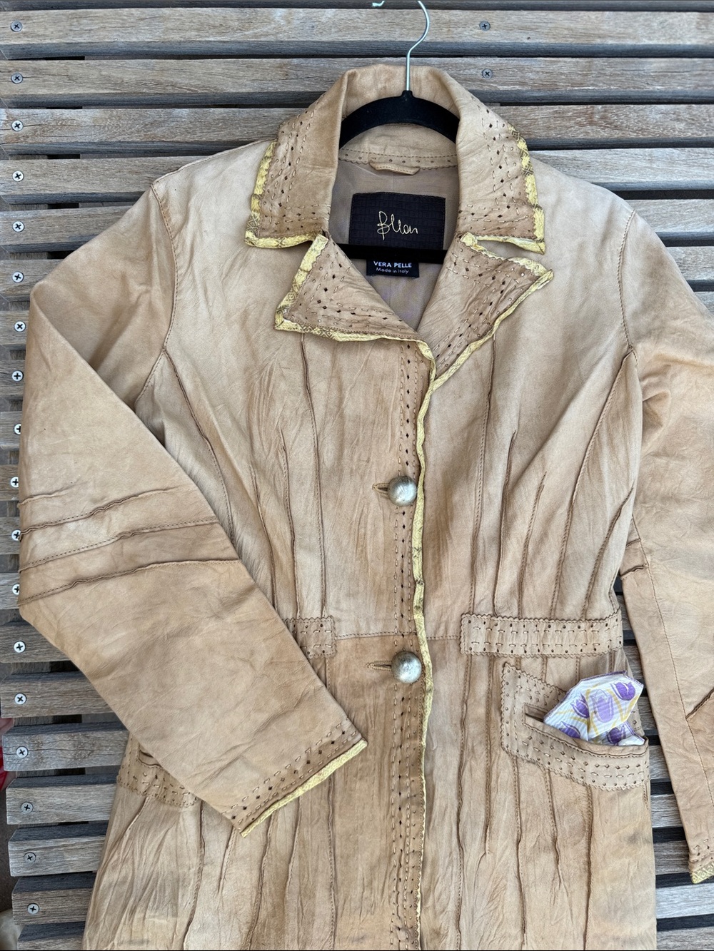 Vera Pelle Vintage 100% Leather Trench Coat with Gold Trim